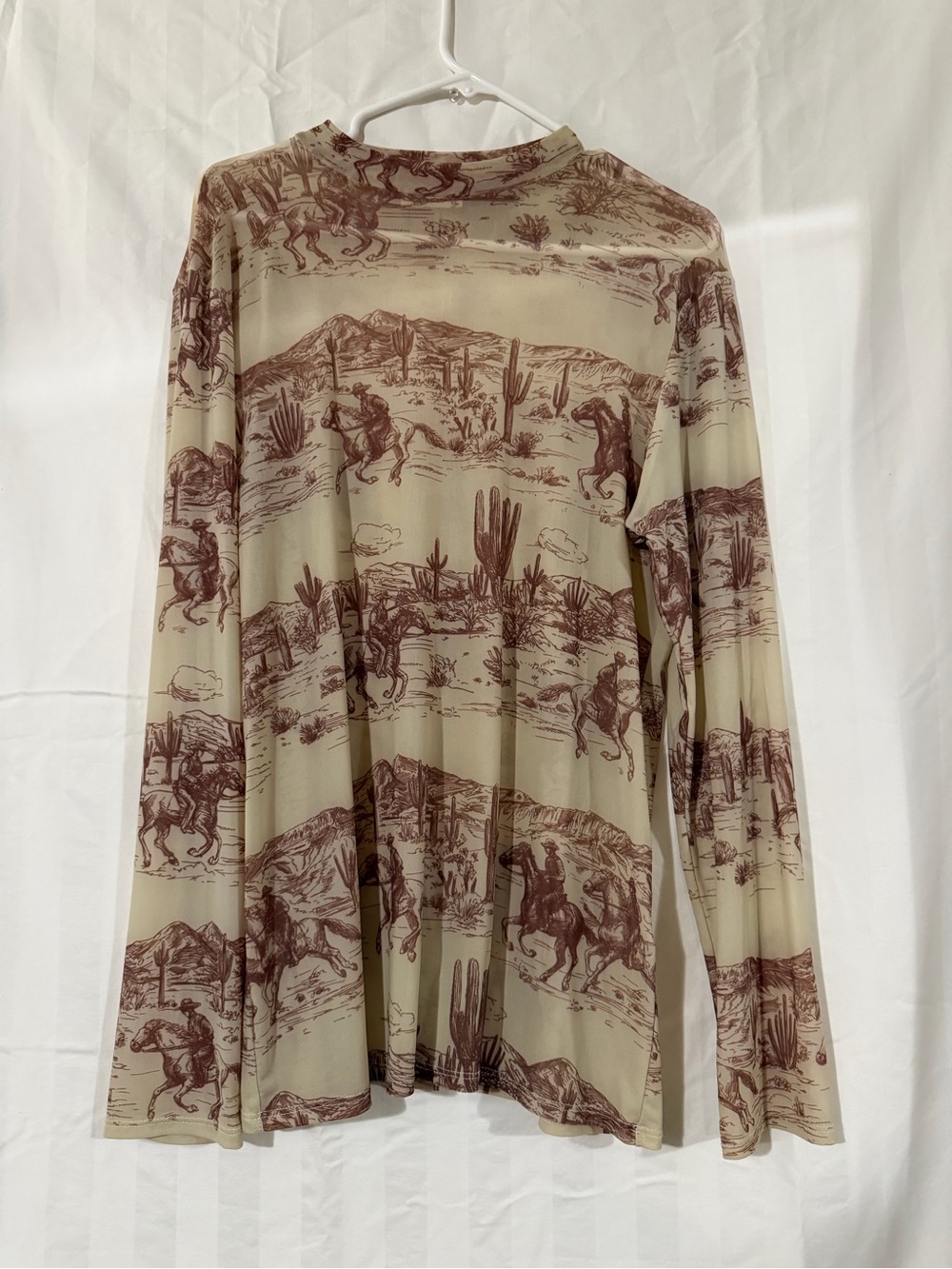 Avery Long-Sleeve Desert Cowboy Print Shirt - Beige & Brown sheer/mesh